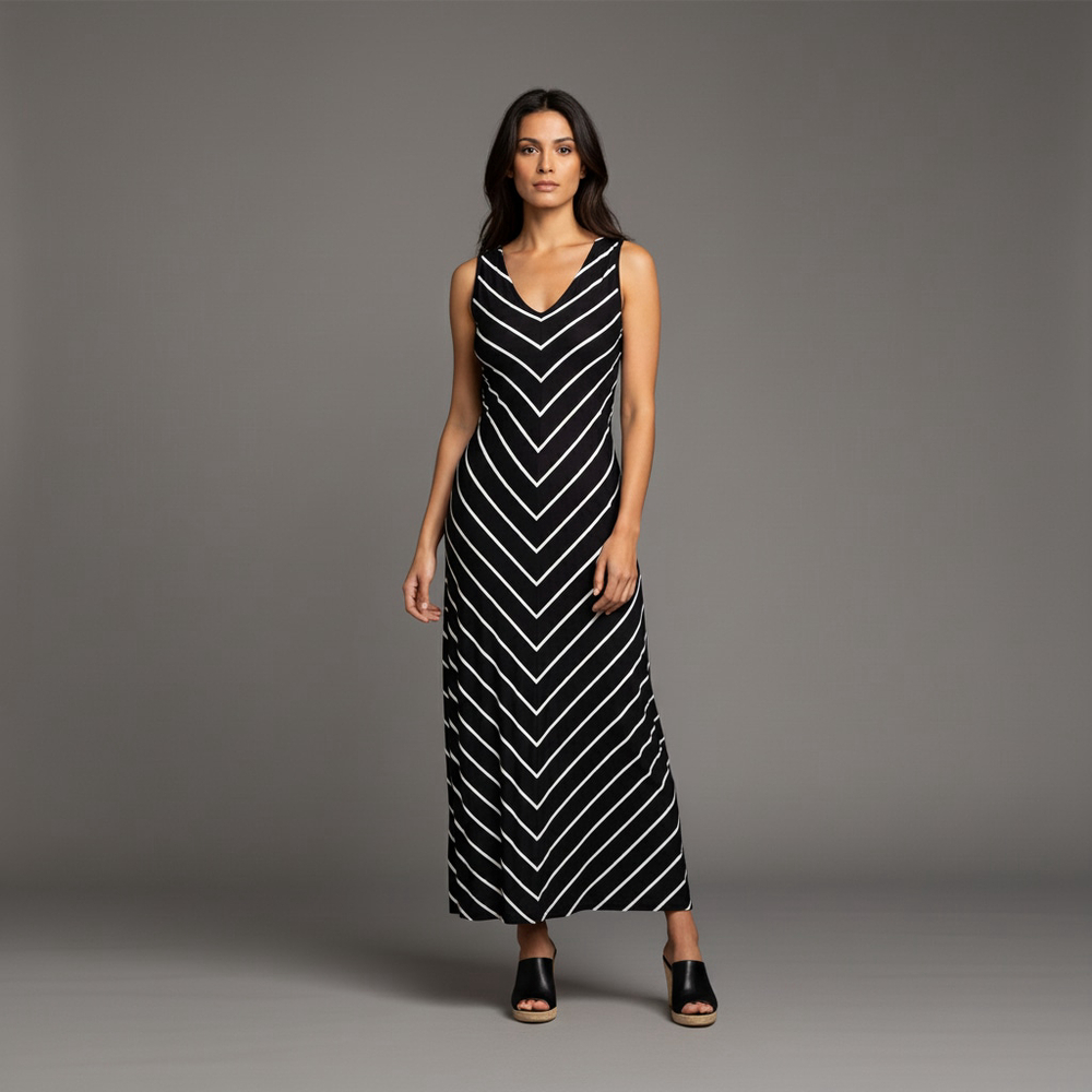 Women's Soma Black & White Striped Maxi Dress with Shelf Bra, Size S